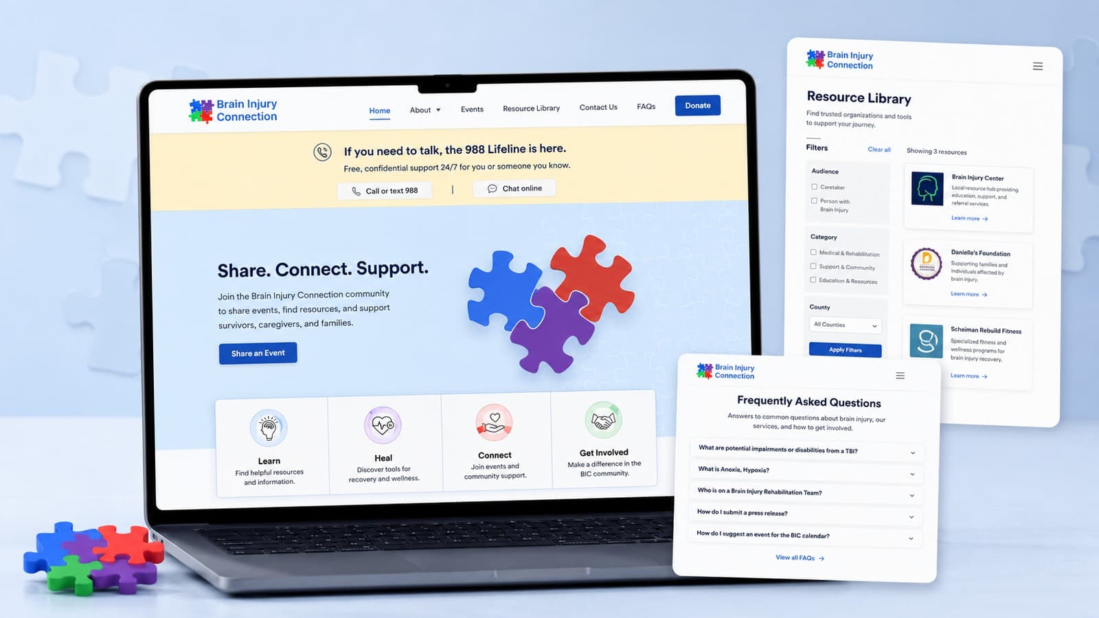 The redesigned Brain Injury Connection website shown across laptop and tablet screens